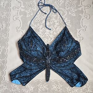 Misdemeanor Elegant Blue Beaded Butterfly Tank Top Sz Medium